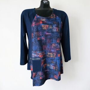 Colourful Patchwork Asymetrical Hem Long Sleeve Women's Tunic Top Size M